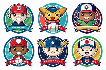 Wall Mural - Six Cartoon Baseball Player Icons with Different Nationality Themes