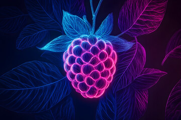 Wall Mural - Neon wireframe illustration of a juicy loganberry isolated on black background.