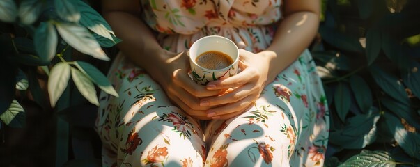 Person in a floral dress holding a cup, sitting outdoors.