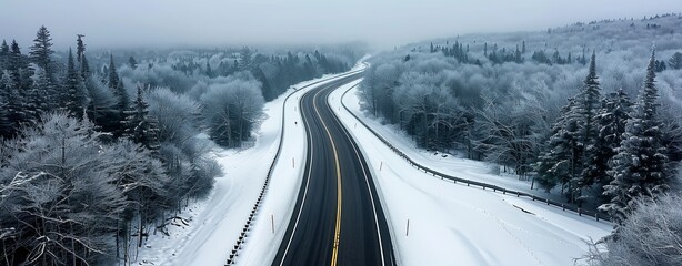 Wall Mural - realistic images with full hd resolution snow-covered highway cutting through a dense forest, foggy 