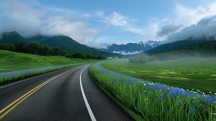 Wall Mural - Realistic images with full HD resolution Rural highway with fields of wildflowers, early morning light, more clarity with clear light and sharp focus, high detailed