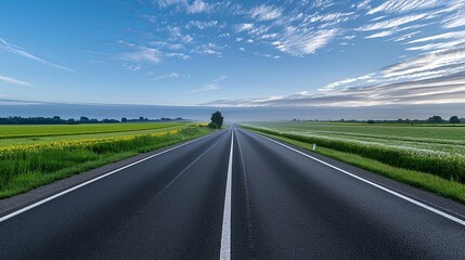 Wall Mural - realistic images with full hd resolution rural highway with fields of wildflowers, early morning lig