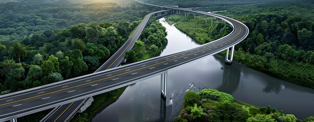 Realistic images with full HD resolution Close-up of a highway bridge over a river with surrounding greenery, afternoon sunlight, more clarity with clear light and sharp focus, high detailed