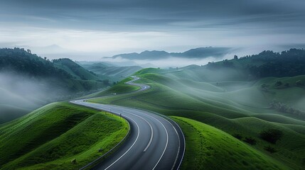 Wall Mural - Realistic images with full HD resolution Foggy highway cutting through rolling hills, morning fog and soft light, more clarity with clear light and sharp focus, high detailed