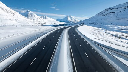 Wall Mural - realistic images with full hd resolution close-up of a highway in a snowy landscape with mountains, 