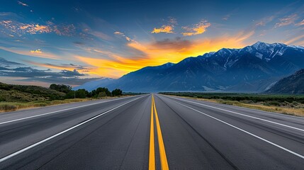 Wall Mural - realistic images with full hd resolution highway at sunrise with mountains in the background, vibran