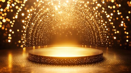 stunning gold podium with a background of glowing dots arranged in a circle, emphasizing elegance an