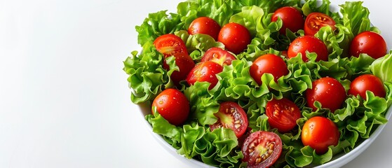 top view plate with salad, tomato and lettuce, isolated on white background