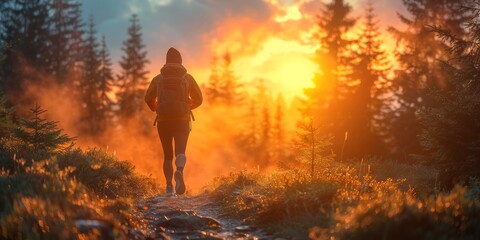 Wall Mural - A Solitary Figure Hikes Through a Misty Forest at Sunset