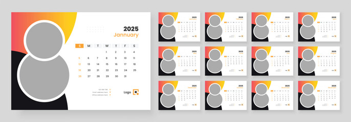 Desk Calendar 2025 template design, Week start on Sunday, Office Calendar 2025.