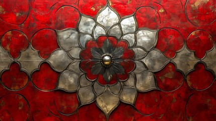 Wall Mural - A striking metal floral design stands out against a vibrant red backdrop, showcasing skilled artisan craftsmanship and cultural artistry