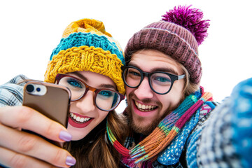 Wall Mural - Two cheerful friends taking a selfie Isolated on white background