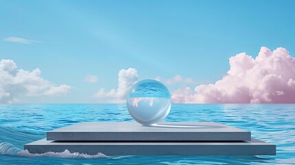 Wall Mural - Realistic images with full HD resolution A glass ball sits on a floating platform in the ocean. fluffy pink anime clouds Realistic matte painting Anamorphic panorama Infinity center pool Heavenly