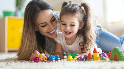 Joyful Playtime: Mother and Daughter's Colorful Bond - A heartwarming image of a mother and daughter engrossed in playful learning, surrounded by vibrant toys in their cozy home.