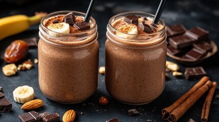 Two jars of banana and chocolate smoothie, a protein shake, almonds, chocolate cubes, banana slices, dates, cinnamon sticks, and a dark background with healthy food