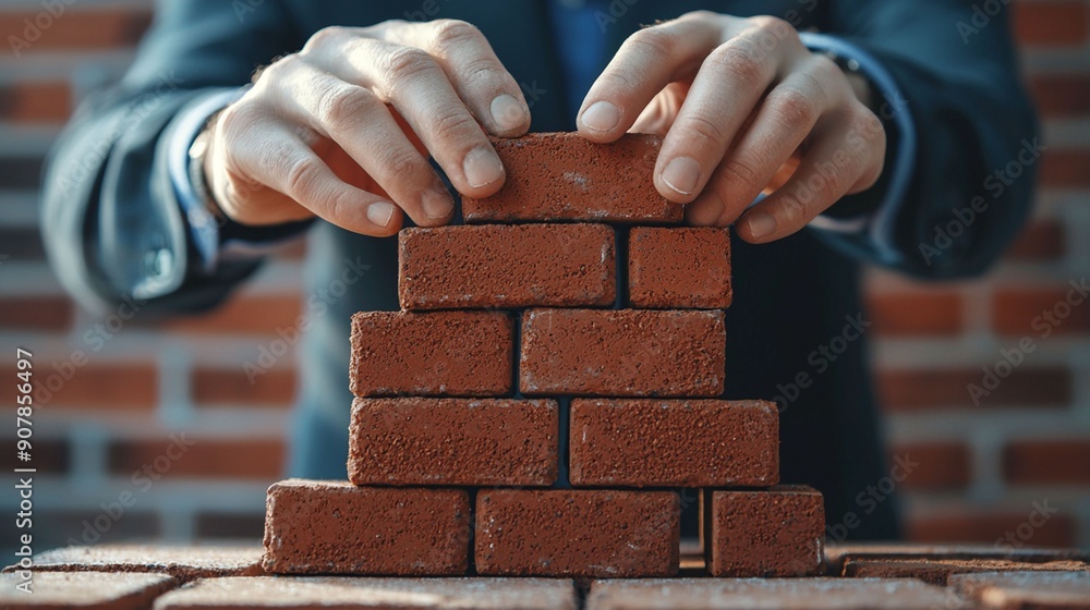 Building Blocks of Success: Close-up of hands carefully placing red ...