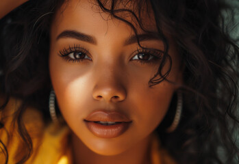 Wall Mural - Closeup Portrait of Beautiful Mixed Race brown Woman with Curly Hair and Freckles