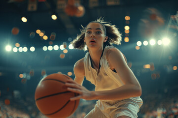 Focused female basketball player preparing to make move, illuminated by bright arena lights during game, evoking sense of intensity and competitive spirit