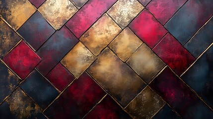 Sticker - Artistic wall display showcasing geometric tiles in vibrant red, gold, and black hues, enhancing modern interior aesthetics