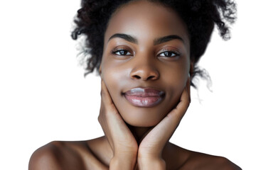 Wall Mural - Relaxed African American woman with clear skin and a serene expression, isolated on white background