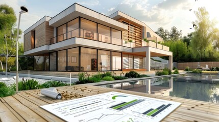 Wall Mural - Generate a photo realistic image of a construction project with a detailed cost analysis showing financial charts and budget outlines; ensure the image is of high resolution for clear