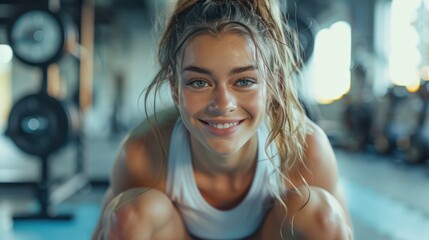 Wall Mural - Fit and Happy: Young Sportswoman Doing Squats in Gym