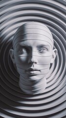 Wall Mural - A woman's head is in a spiral pattern with black and white swirls, AI