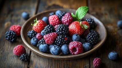 Wall Mural - Berries close up, freshly picked, juicy, and colorful, arranged inside on a wooden table in a variety of berry dishes.