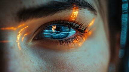 Wall Mural - Close-up of a hacker's eyes staring at a screen with digital information overlay.