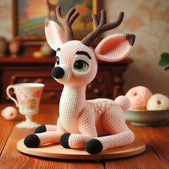 Adorable handmade crochet deer toy in a cozy setting with a vintage teacup and decorative elements on a wooden table.