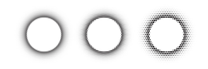 Wall Mural - Black dotted round patterns. Golden frames with halftone effect. Abstract shining circle background with light glow elements. Modern futuristic graphic vector illustration set isolated on white.