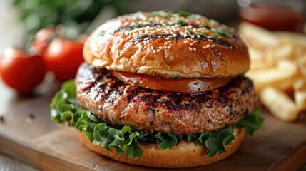 Delicious grilled burger with crispy lettuce and a sesame seed bun, perfect for a gourmet meal or casual dining experience.