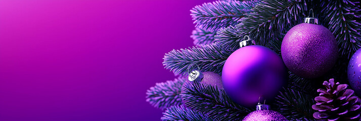 Christmas tree branch with violet bauble is reflecting on a wet surface with a bokeh effect on gradient purple background. Christmas background or New Year's backdrop, holiday banner with copy space