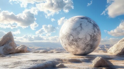 Canvas Print - A large white ball is on a rocky, snowy surface