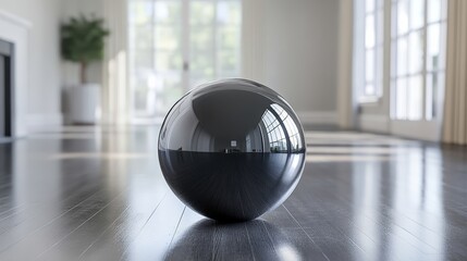 Wall Mural - A shiny black ball sits on a wooden floor in a room with white walls