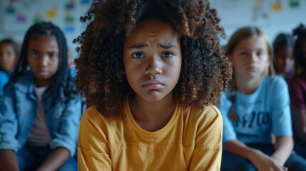 Wall Mural - A girl with curly hair is sitting in a classroom with other children