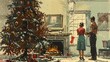 © kanesuan - A delightful pencil-colored illustration of a family decorating a Christmas tree, with ornaments, lights, and tinsel, and a fireplace with stockings hanging nearby.