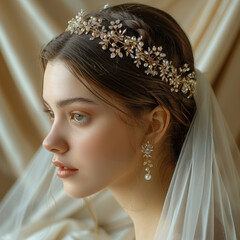 Side profile of a bride wearing a jeweled tiara and veil, posing against a soft fabric backdrop. Concept of wedding elegance and beauty