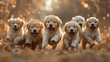 © Ksenia Pestereva - A group of Golden Retriever puppies joyfully running through a forest clearing with warm lighting. Concept of happiness and playful nature of dogs