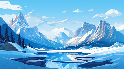 Wall Mural - A view of the glacier and the river with the snow-capped mountains in the background. 2D flat illustration.