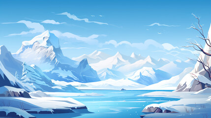 A view of the glacier and the river with the snow-capped mountains in the background. 2D flat illustration.