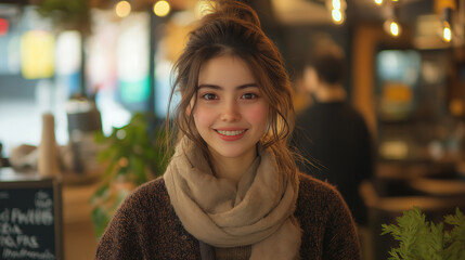 Sticker - Warm café setting, young woman smiling and shaking hands, casual meeting, welcoming atmosphere