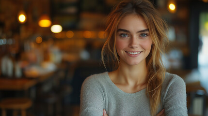 Poster - Warm café setting, young woman smiling and shaking hands, casual meeting, welcoming atmosphere