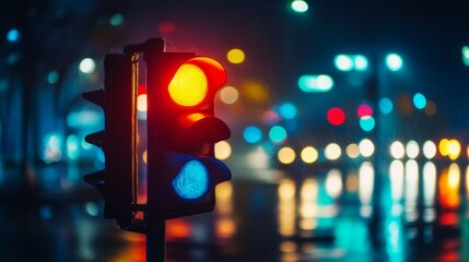 Fototapete - Traffic lights glowing softly in the rain, with blurred lights in the background.