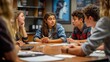 © amorn_m - Diverse group of students sitting around a table in a classroom, studying and discussing.