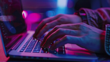 Hands Typing on Laptop Keyboard in Neon Lights.