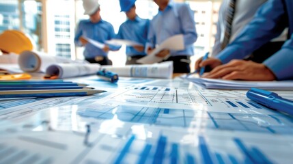 Wall Mural - generate a photo realistic image of a construction project team conducting a review of financial per