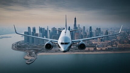 Wall Mural - aerial view of an airplane flying over a sprawling cityscape, ample copy space, more clarity with clear light and sharp focus, high detailed