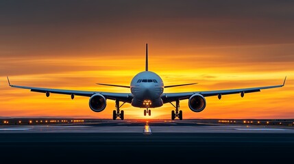 Wall Mural - semi close-up of a plane landing at sunset, vibrant sky, ample copy space, more clarity with clear l