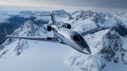 Wall Mural - aerial view of a jet flying over snowy mountains, ample copy space, more clarity with clear light an